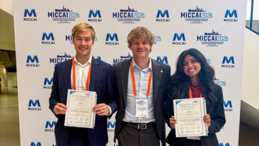 Ruffin Bryant, Noah Kalthoff and Aadya Ganjigunta with their awards for third place in an international competition