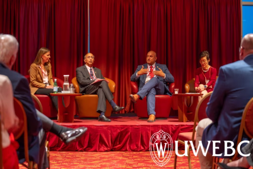 Deans of the UW-Madison College of Engineering, Wisconsin School of Business and School of Human Ecology shared their perspectives on AI in education and in the workplace with business leaders who attended the Oct. 5, 2026, UWEBC executive summit