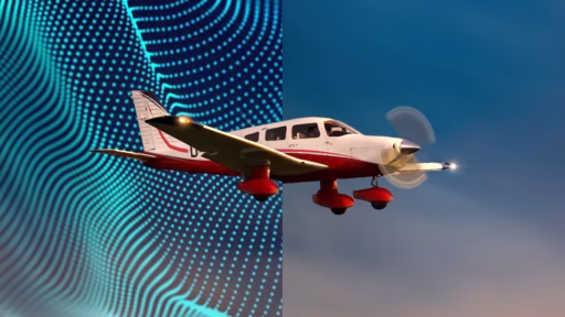 AI generated image of a red and white airplane flying through a digital landscape